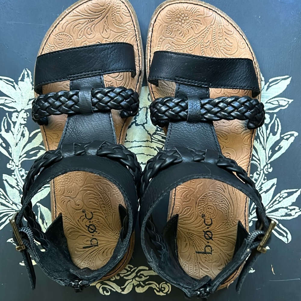 b.o.c. Black Braided Leather T-Strap Sandals